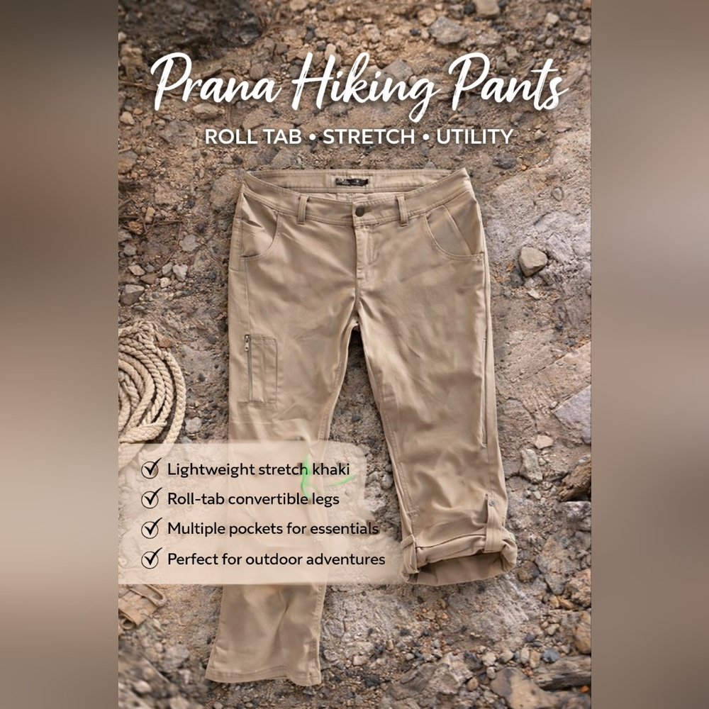 Prana Khaki Roll Tab Hiking Pants Size 8 Stretch Outdoor Travel Utility